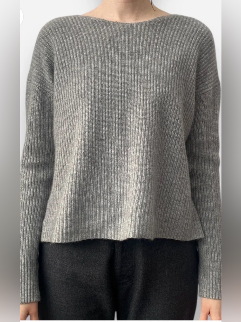 THEORY M Grey Cashmere Chunky Rib Knitted Round Neck Backless Jumper